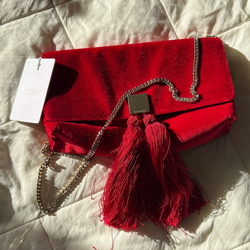 Ted Baker red velvet tassel clutch NWT!